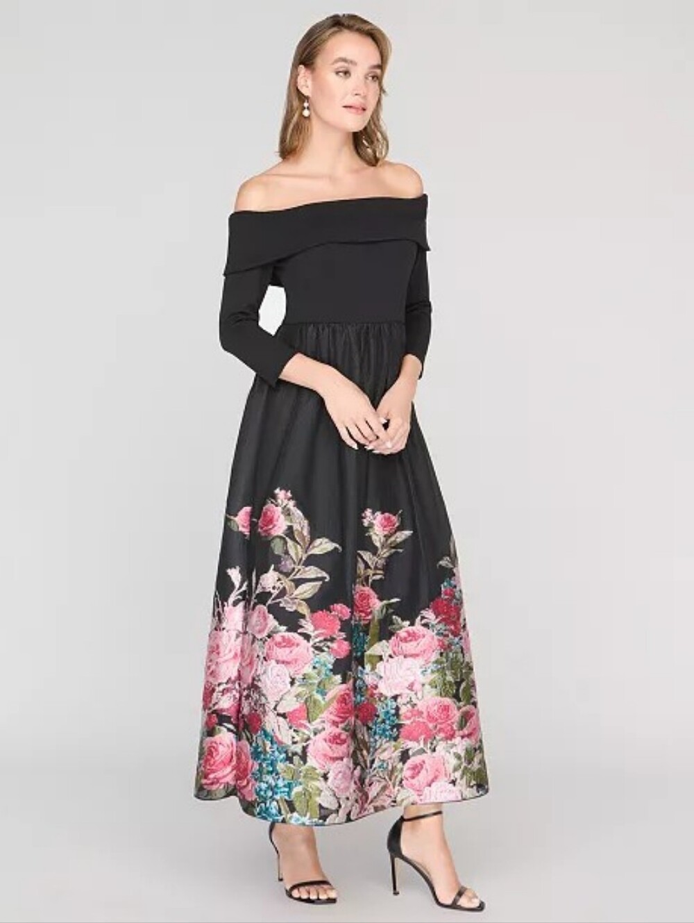 NWT JS Collections Margaret Mixed Media Off-The-Shoulder Gown Size 18